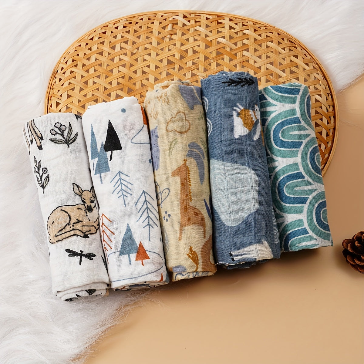 Set of 5 Baby Muslin Bibs and Burp Cloths Orange Rainbow Moon Print