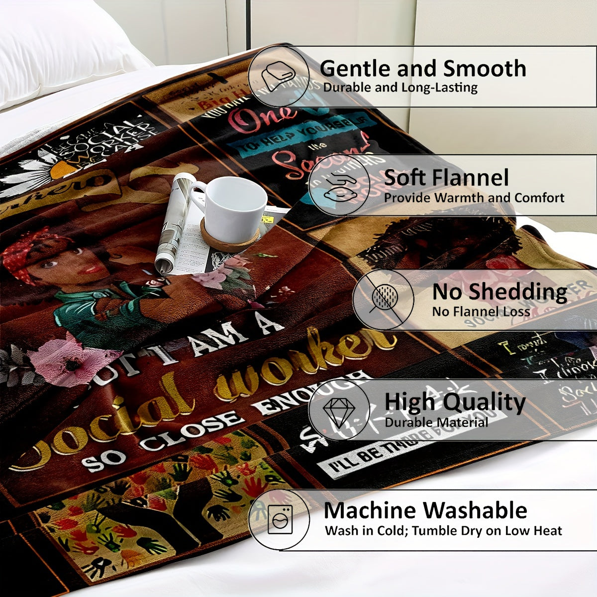 Идеальный подарок для социальных работников - уютное фланелевое одеяло с вдохновляющими цитатами, идеально подходящее для использования на диване, кровати, в офисе или во время кемпинга.