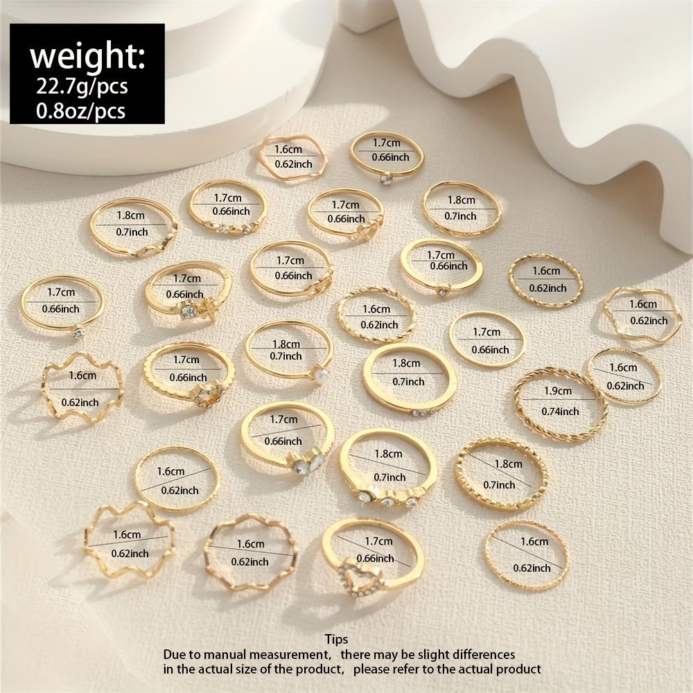 Набор из 28 сплавных железных колец для складывания с сердечным геометрическим и волнистым дизайном для ежедневного ношения