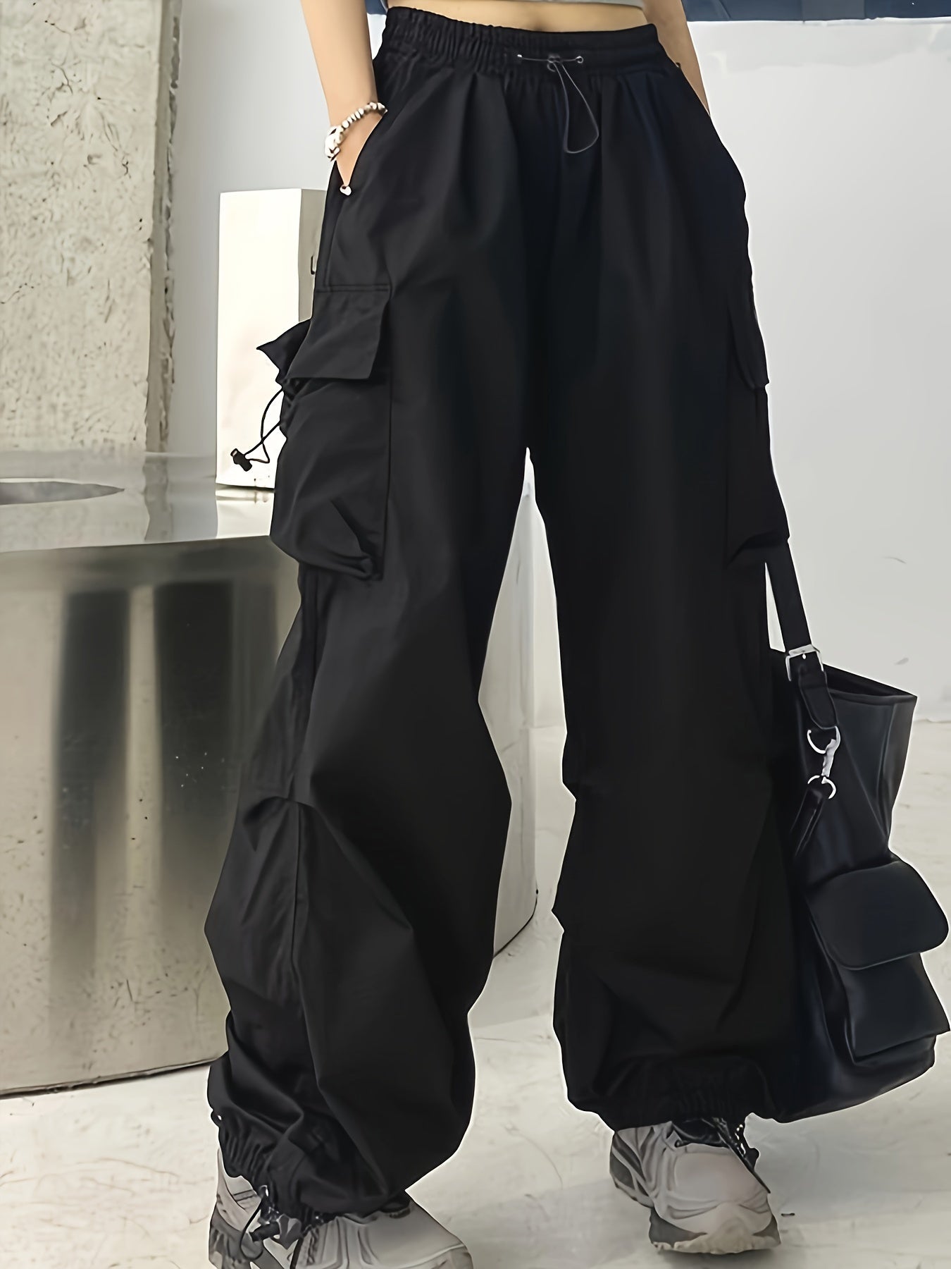 Women’s Polyester High-Waist Wide-Leg Cargo Pants with Pockets Beige