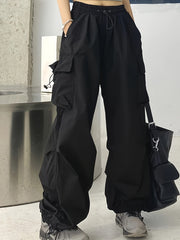 Women’s Polyester High-Waist Wide-Leg Cargo Pants with Pockets Beige