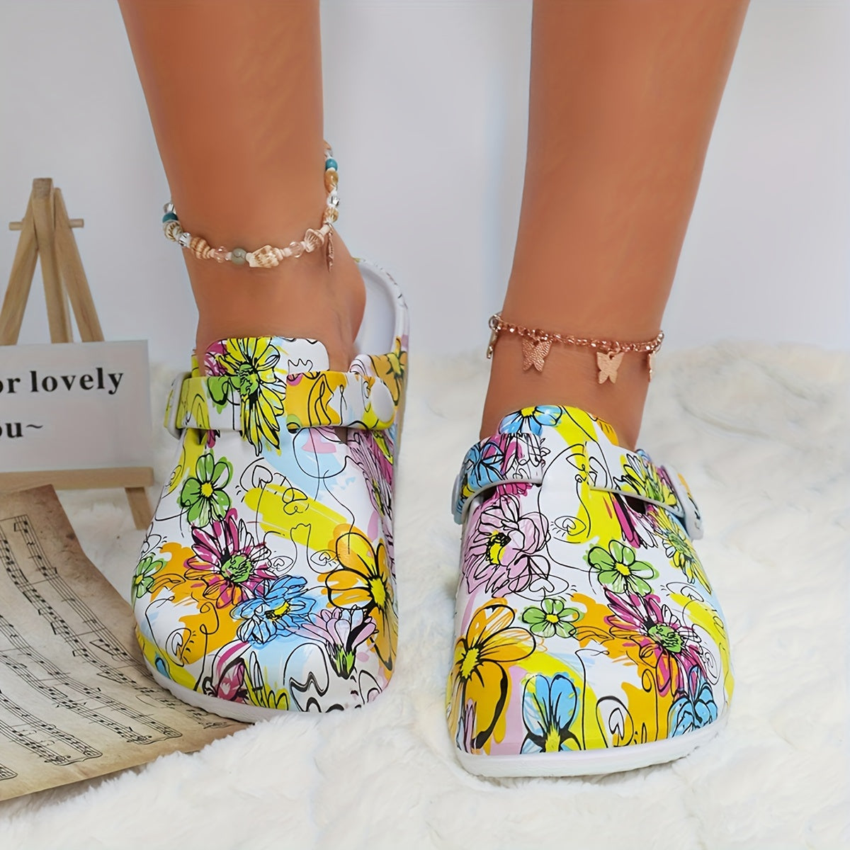 Women's Floral Pattern EVA Slip-On Mule Slippers with Adjustable Buckle
