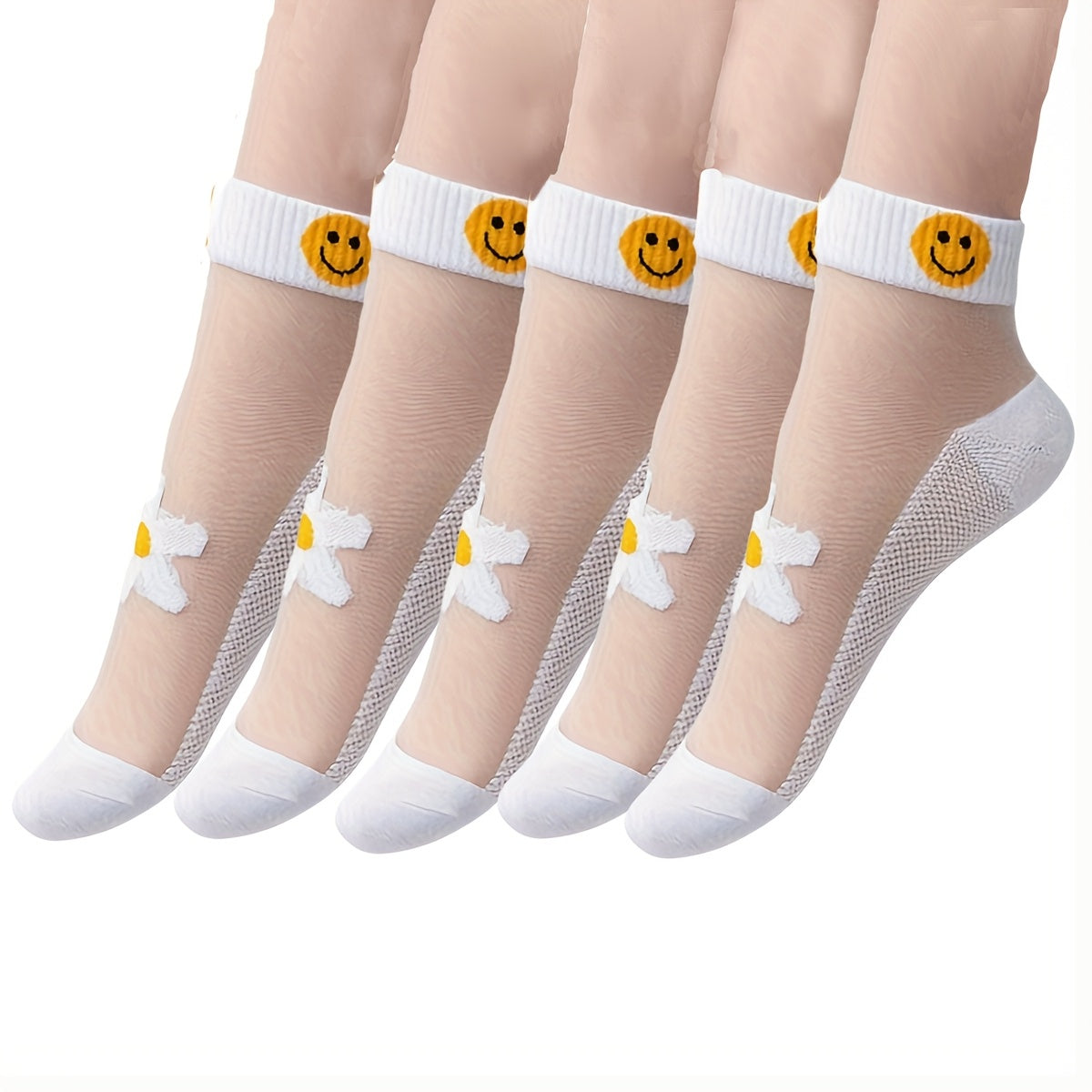 Women's Short Socks 5 Pairs Breathable Cotton Polyester Elastane Daisy Pattern