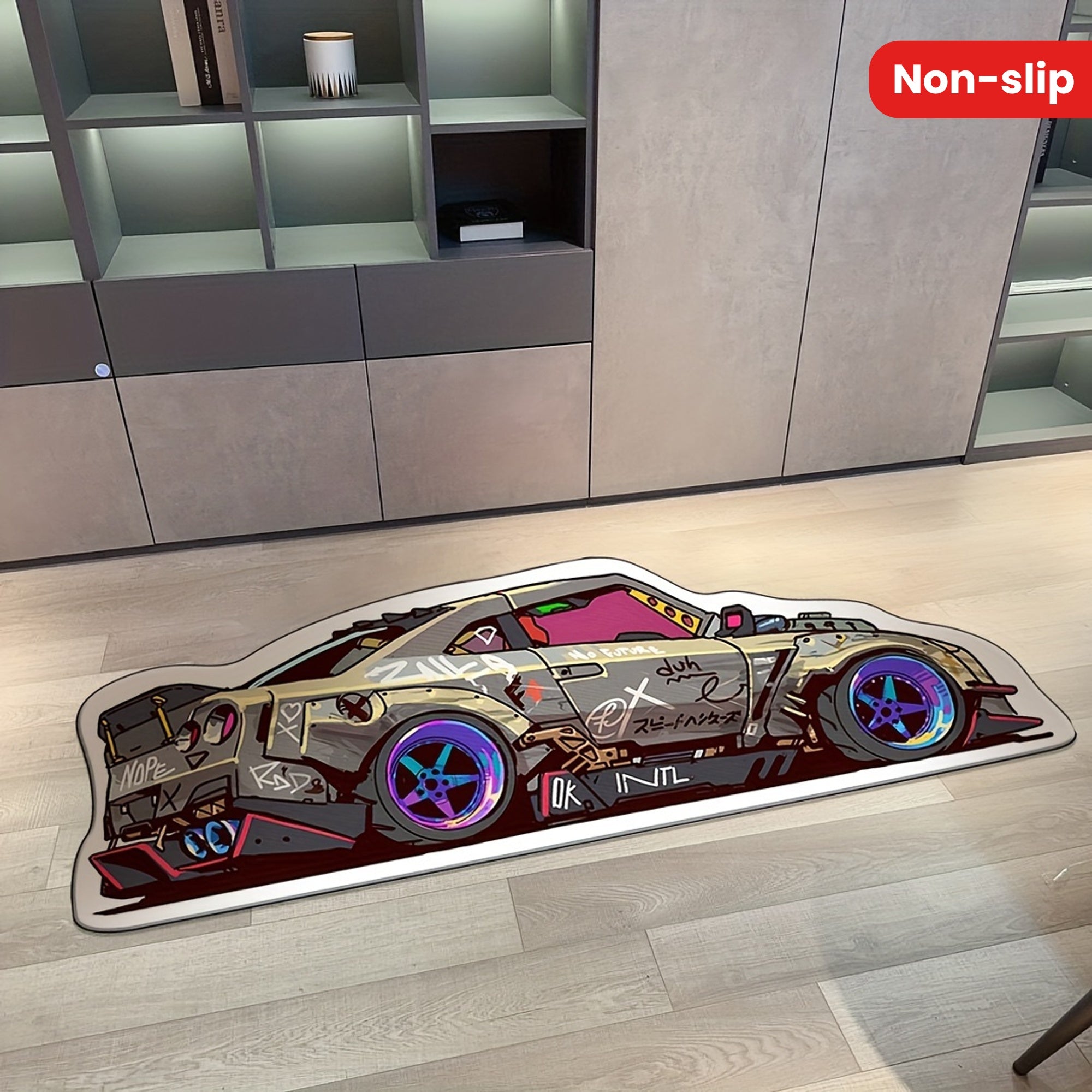 Graffiti Sports Car Shaped Area Rug Non-Slip Washable Indoor Carpet