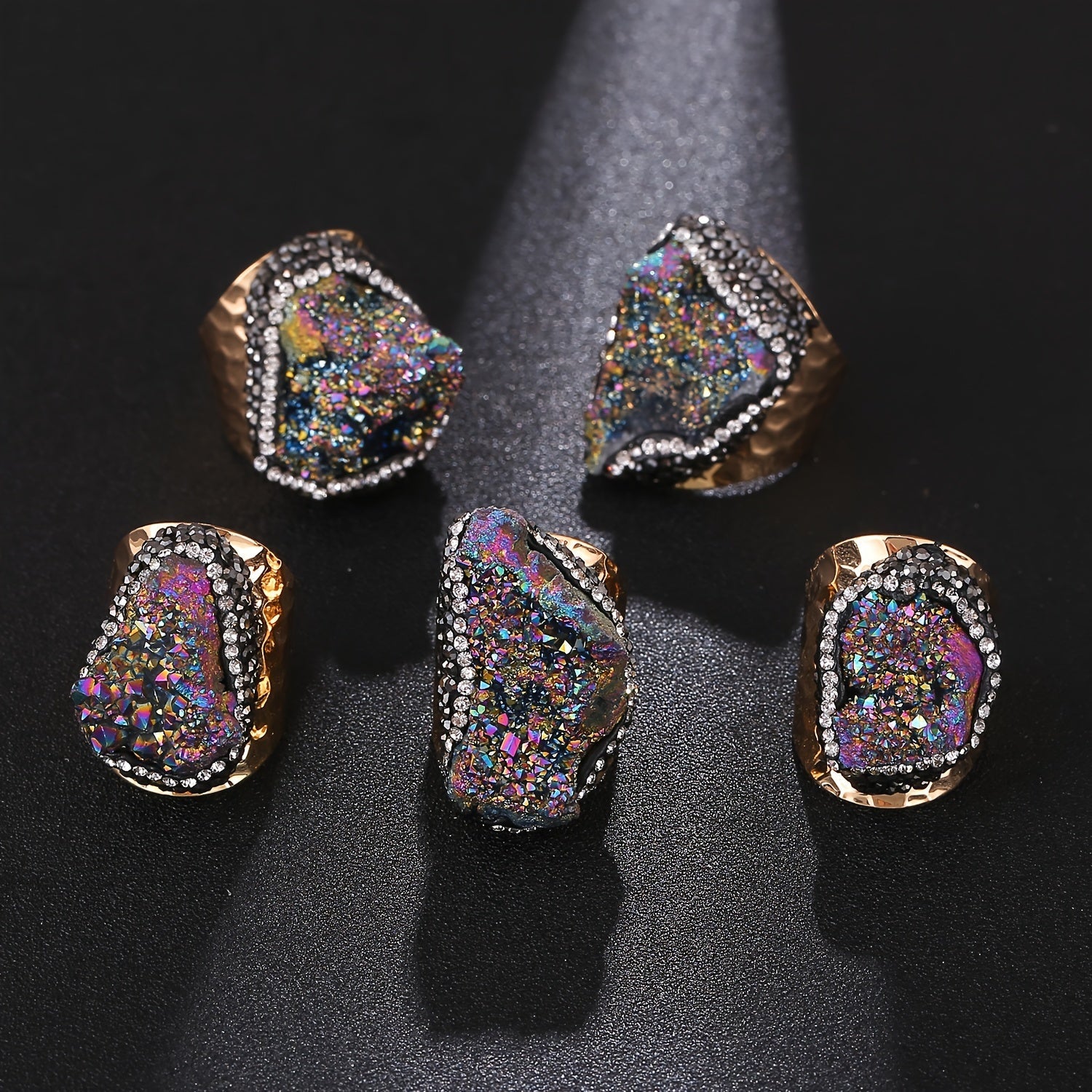 Women’s Irregular Natural Crystal Cluster Cuff Ring Alloy 18K Gold Plated Raw Stone Jewelry
