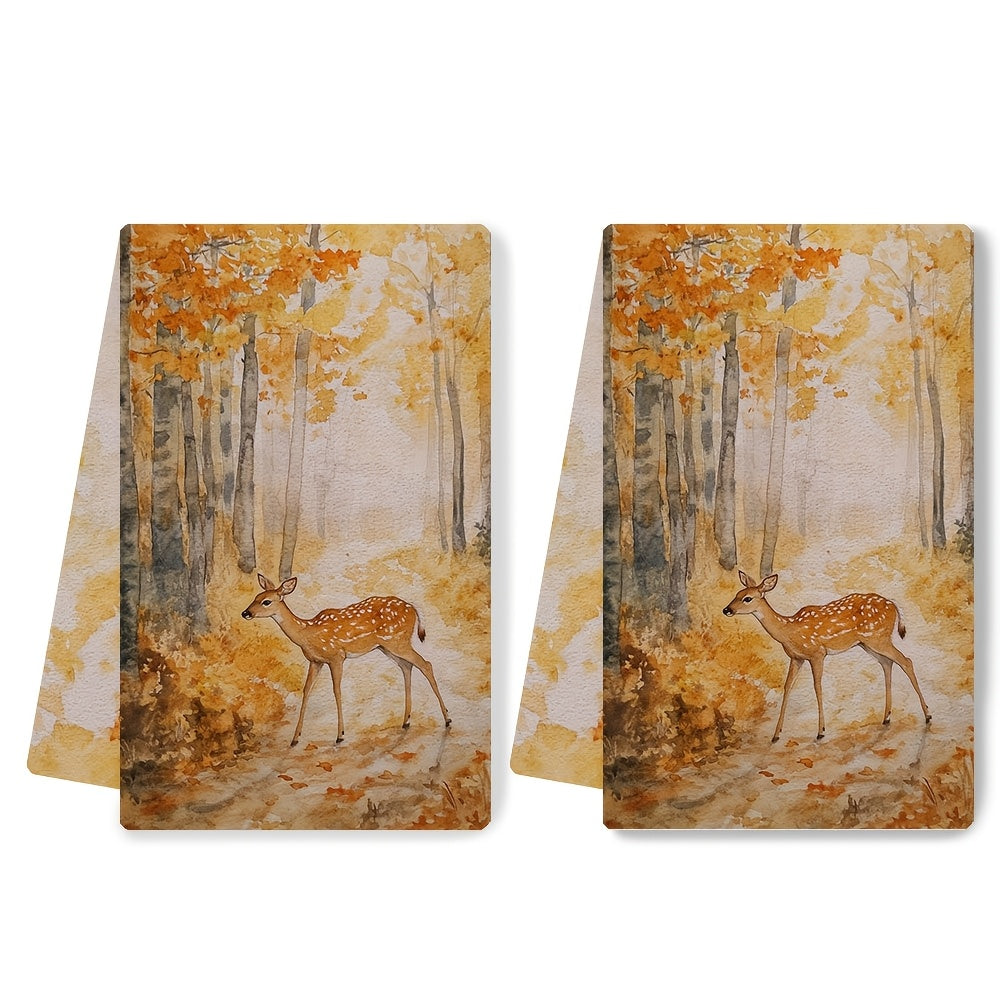 Set of 2 Soft Kitchen Towels with Forest and Deer Scene, Absorbent, 16x24 Inches