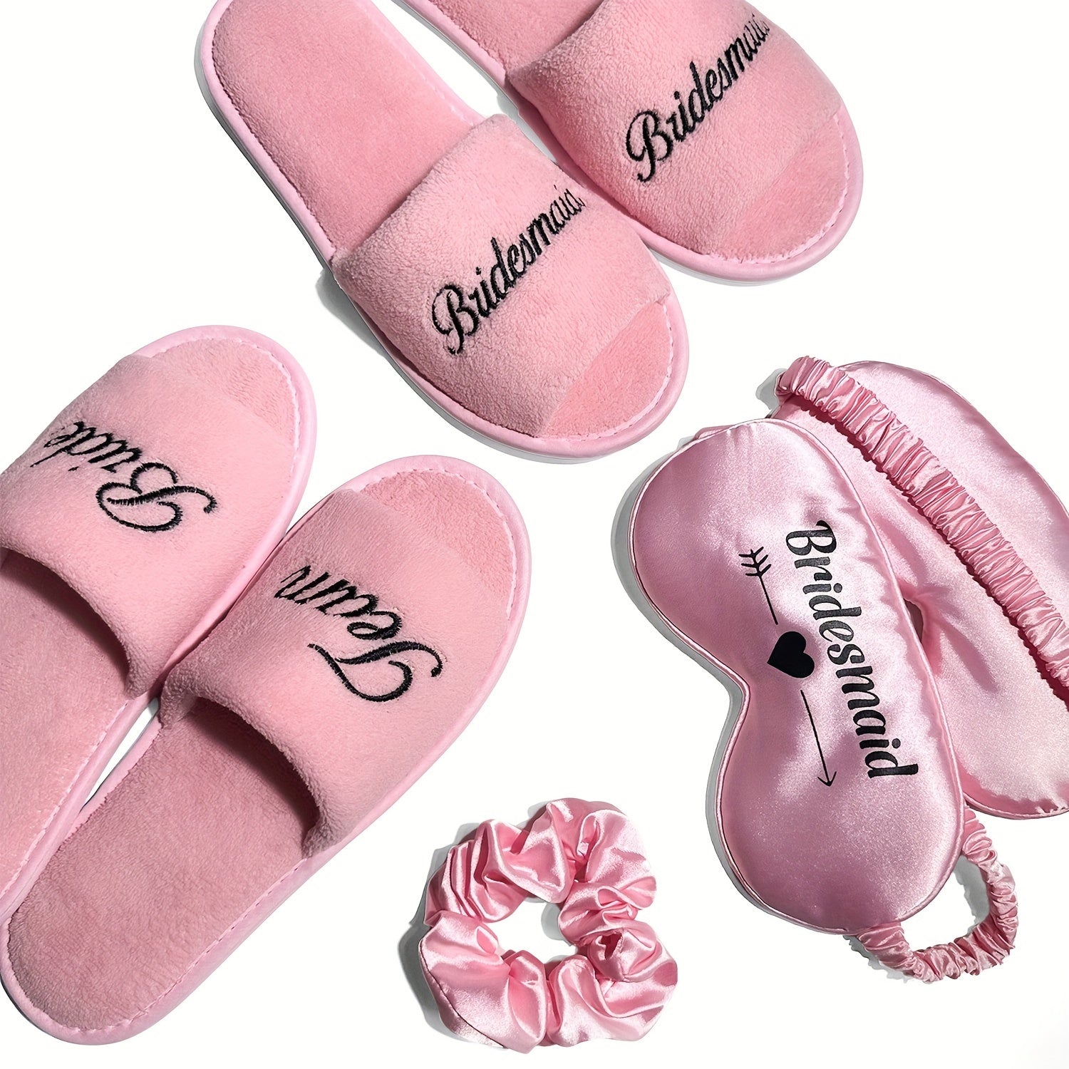 Pink Bridal Party Slippers Open Toe Plush Comfort Flat Shoes Non-Slip Soft Sole