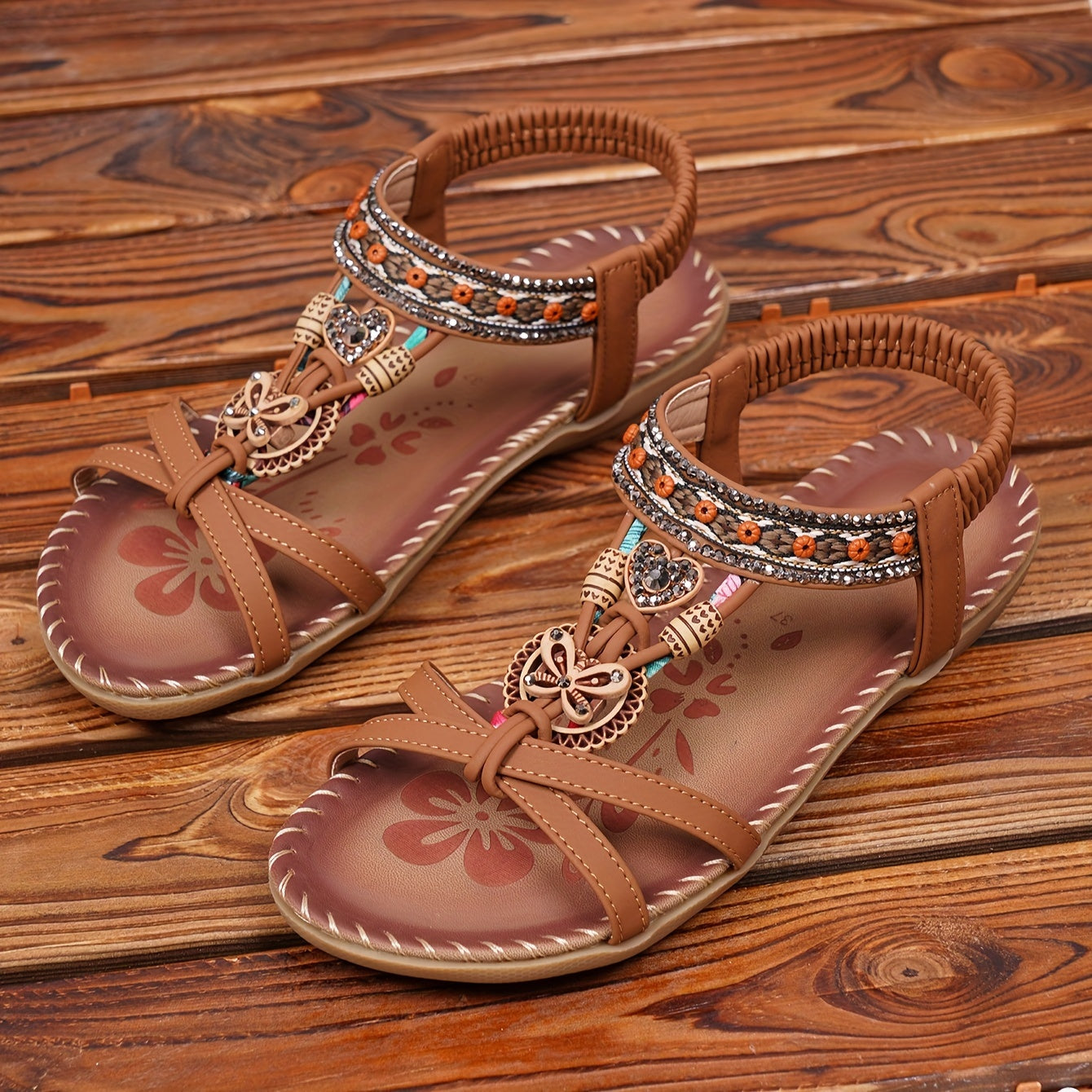 Women's Bohemian Ethnic Ankle Strap Sandals Open-Toe Flat Casual Summer