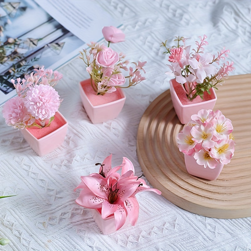 Mini Pink Artificial Plants with Faux Rose and Peach Embroidered Ball Flowers for Wedding Home Office Decor