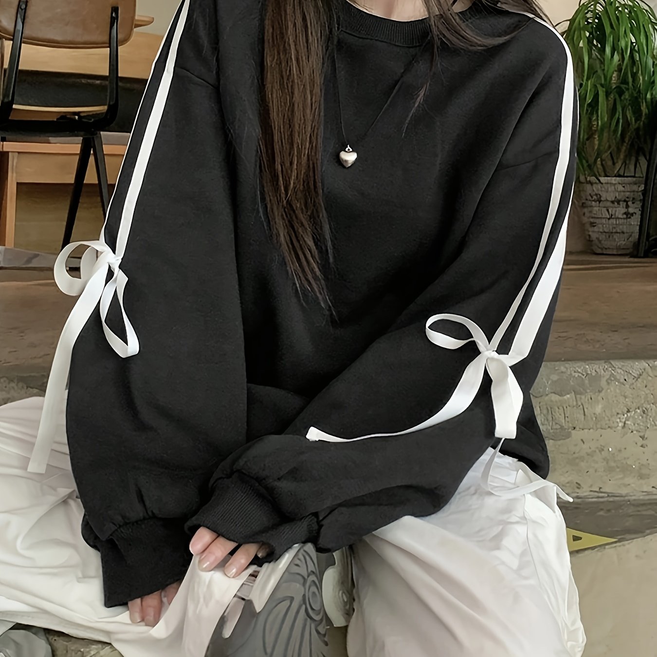 Women's Black Crew Neck Sweatshirt with White Bow Detail Polyester Casual All Seasons