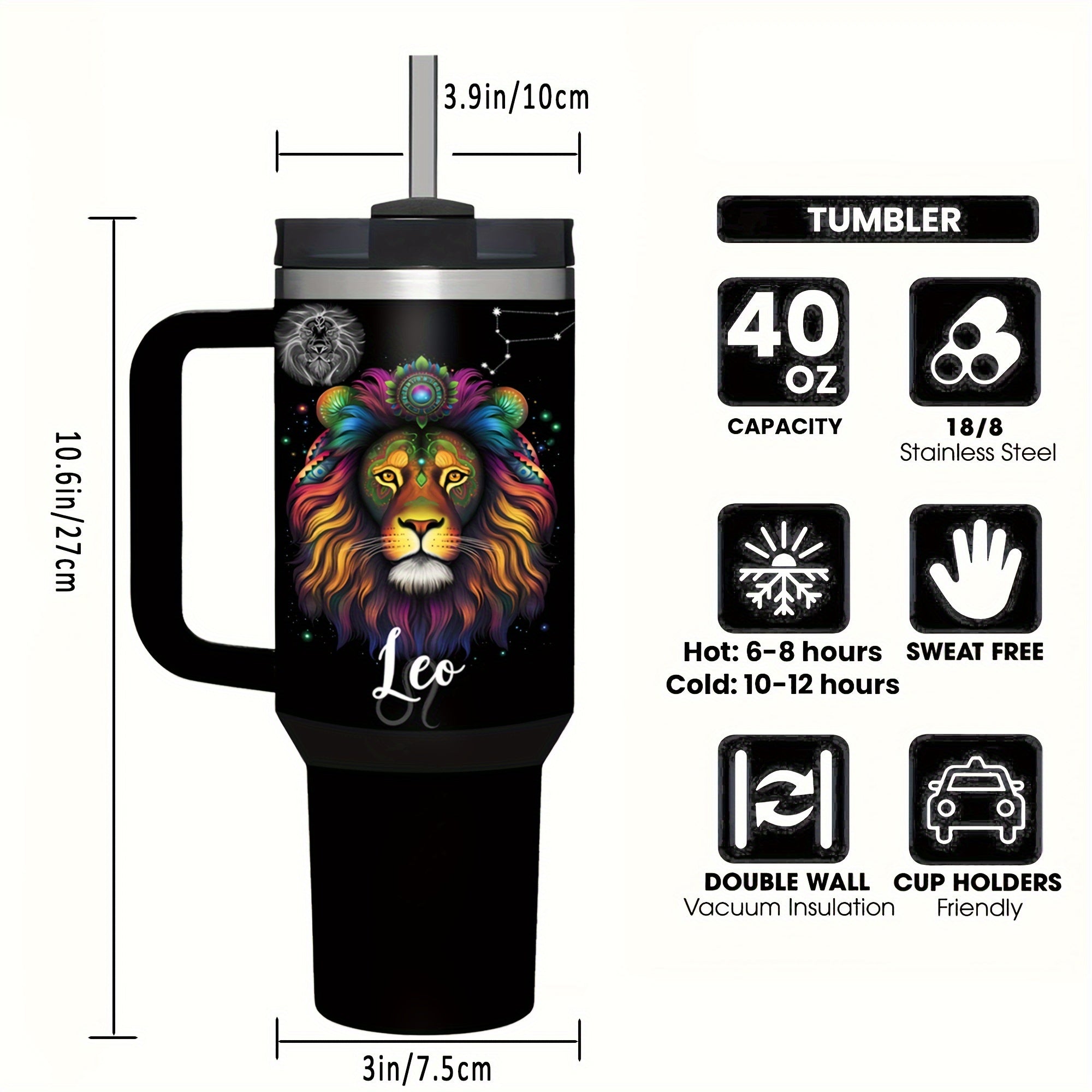 Vaso de acero inoxidable Zodiac de 40oz con asa y pajilla, a prueba de fugas, libre de BPA, taza de café de astrología para hombres y mujeres