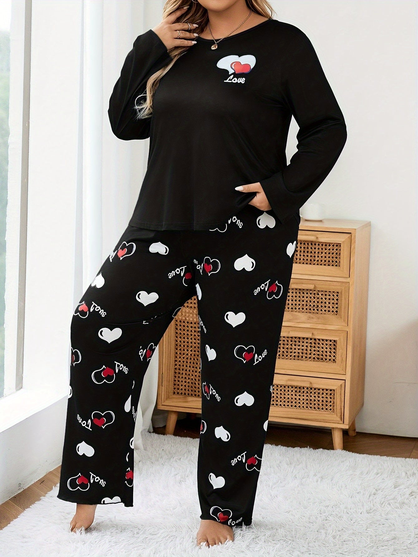 Women's Pajama Set Long Sleeve Heart Print Knit Polyester All-Season Sleepwear