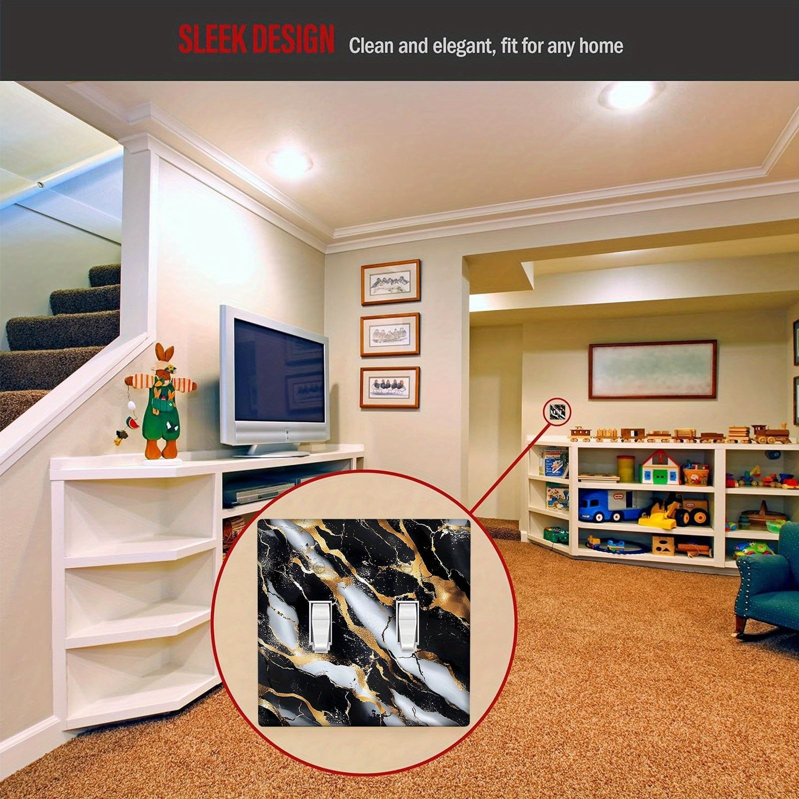 Cubierta de interruptor de luz con estampado de mármol negro y oro para placas de pared de cocina o dormitorio