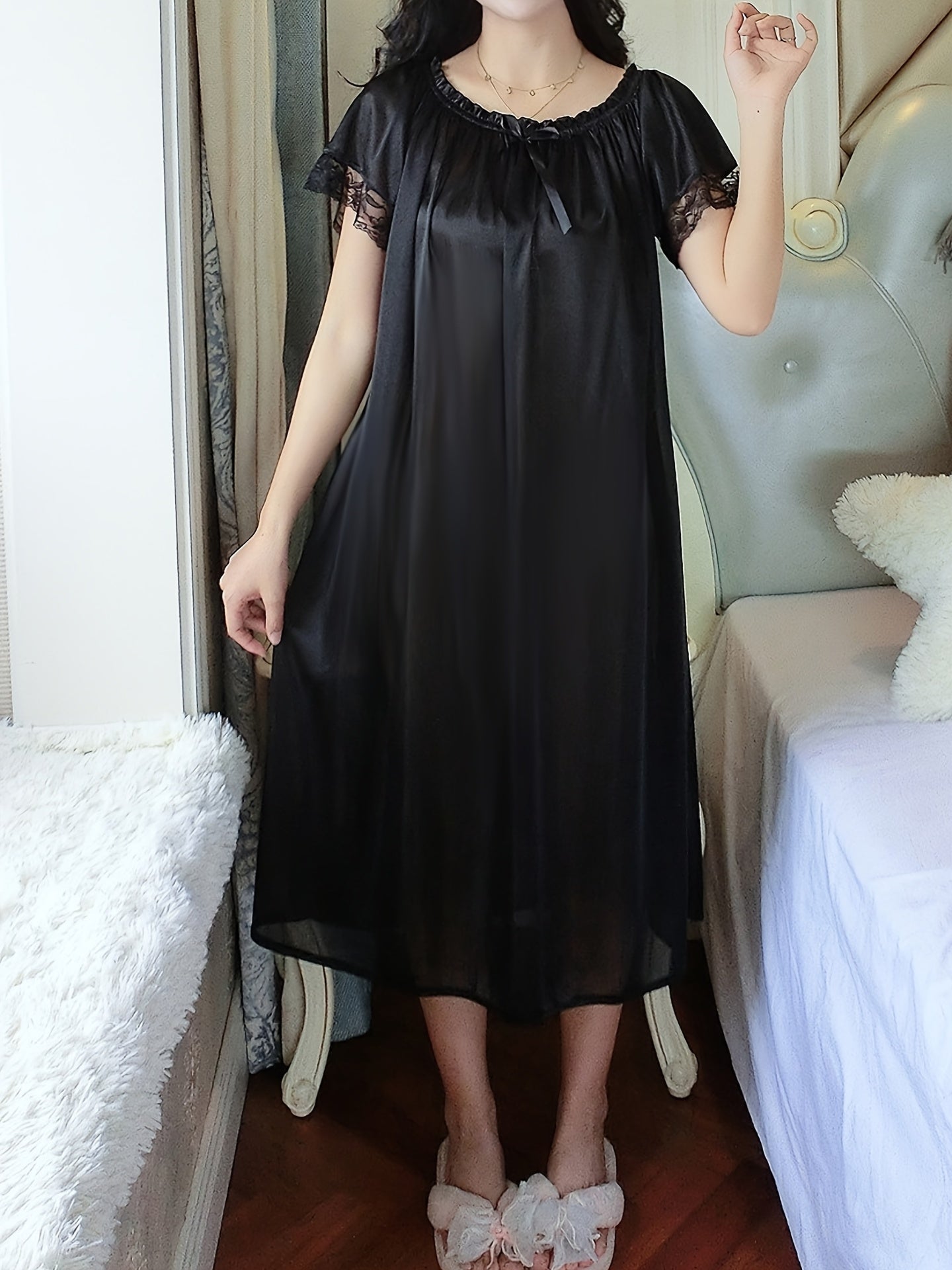 Women's Off-Shoulder Night Dress Short Sleeve Solid Polyester Sleepwear for Spring Summer