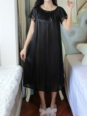 Women's Off-Shoulder Night Dress Short Sleeve Solid Polyester Sleepwear for Spring Summer