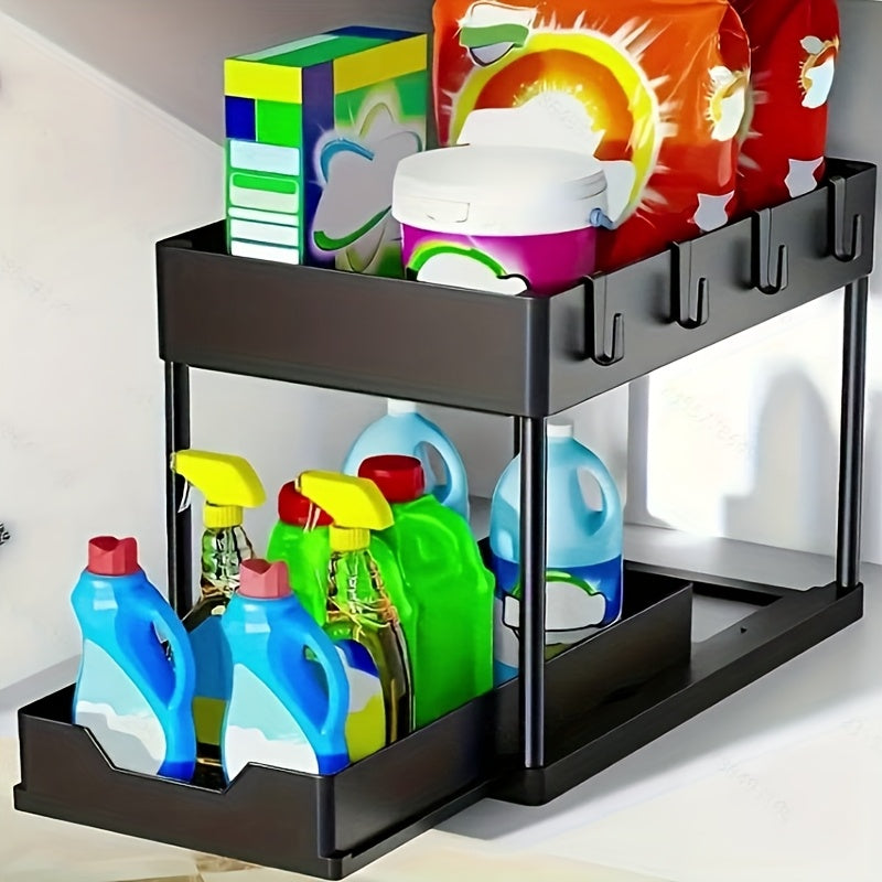 2-tier sliding drain storage box with utility hooks for kitchen bathroom organization