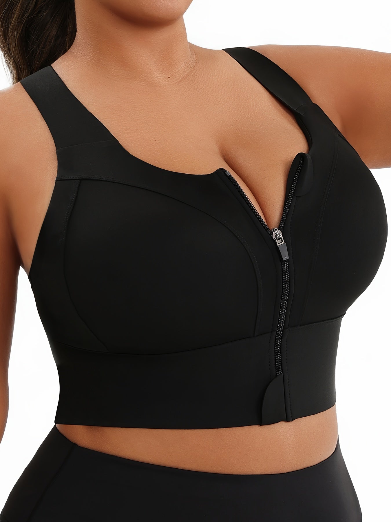 Women's Plus Size High Support Sports Bra with Zipper Black for Yoga Running