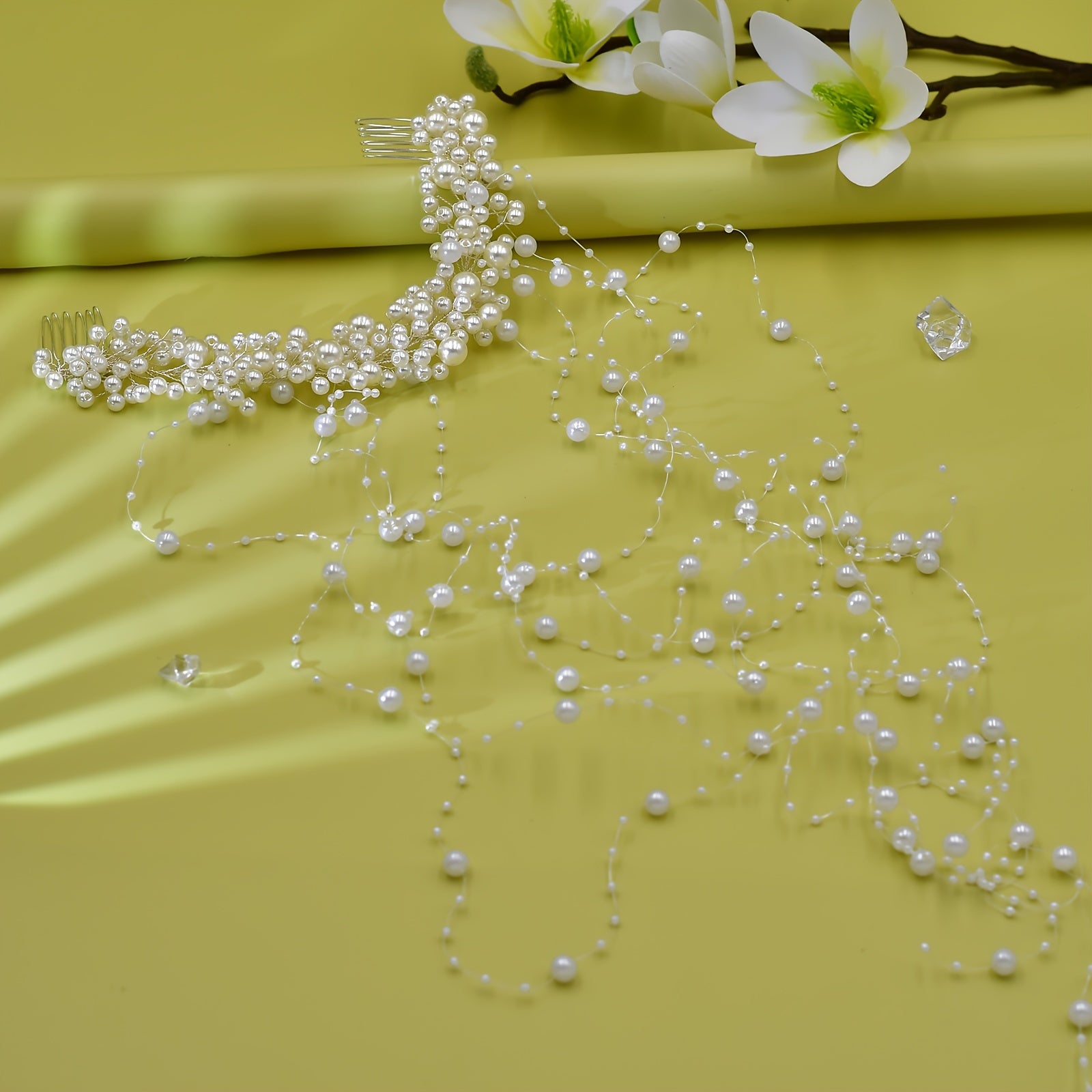 Faux Pearl Hair Comb with Beads and Tassel for Bridal Wedding