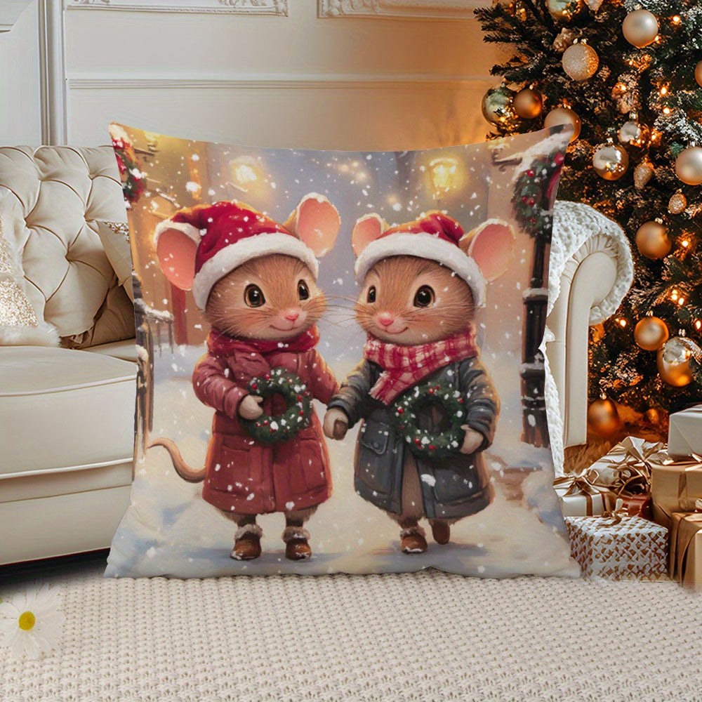 Christmas Mouse Print Throw Pillow Cover Soft Short Plush Festive Home Decor