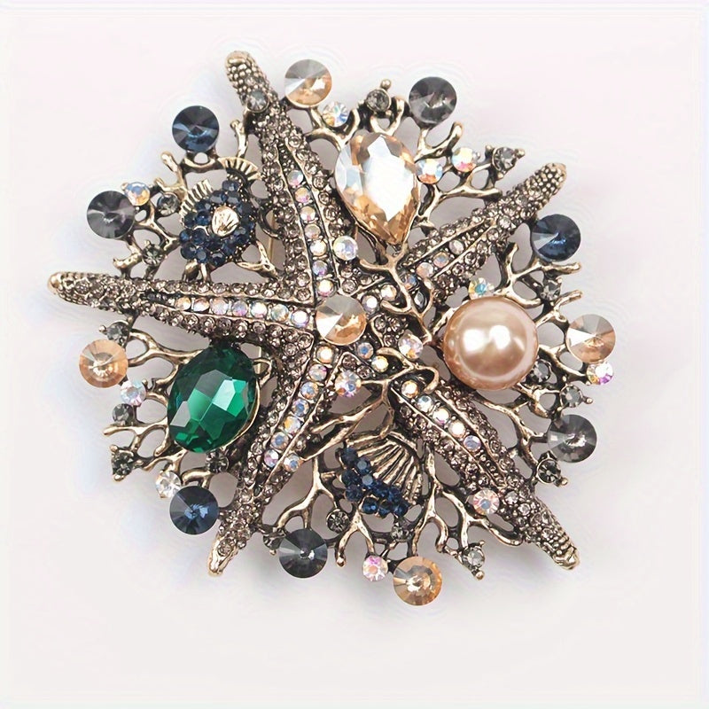 Ocean-Themed Starfish Rhinestone Brooch Pin with Faux Pearl Details for Women