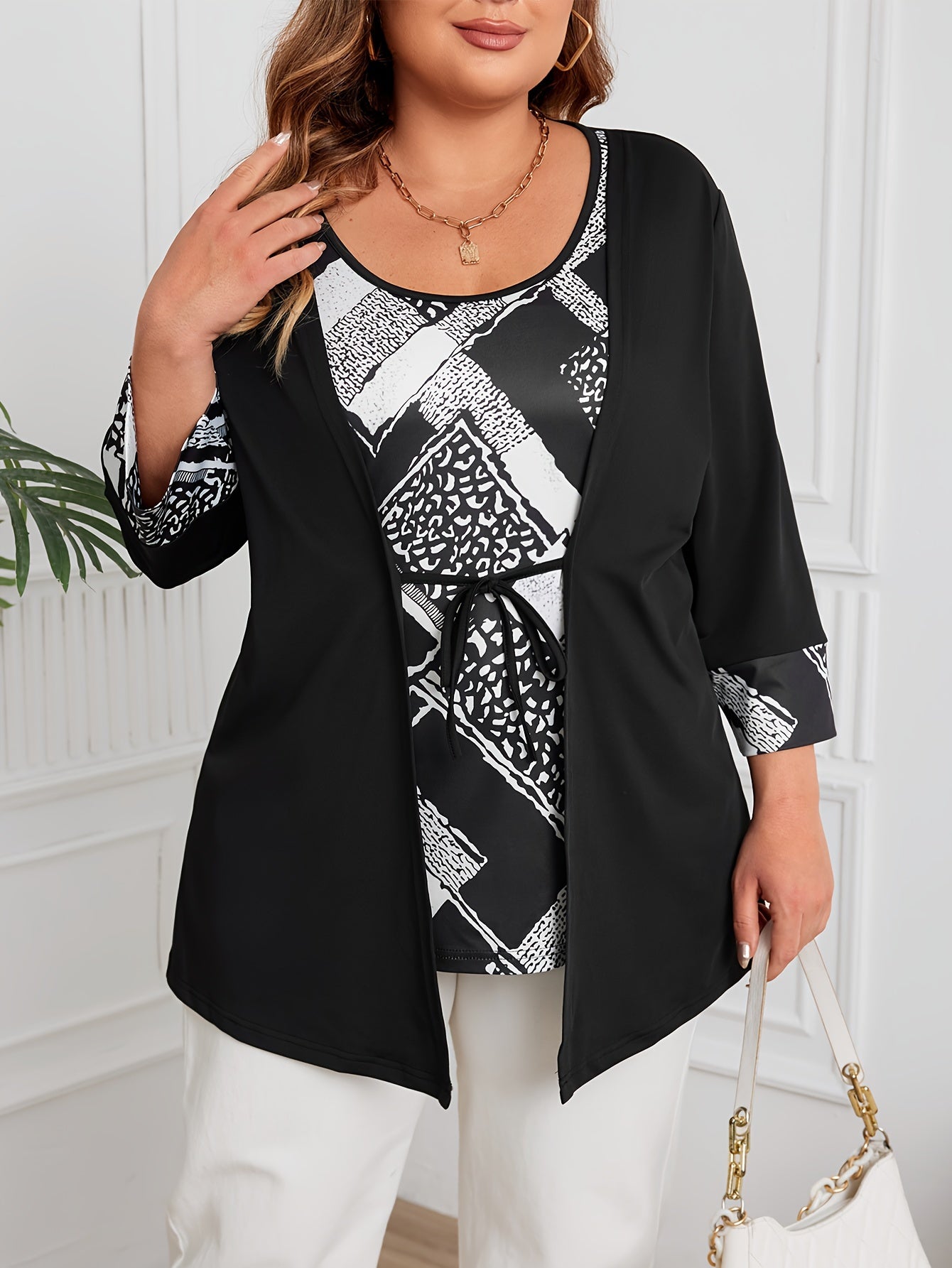 Plus Size Women's Faux Two-Piece Geometric Print Blouse with Tie Waist