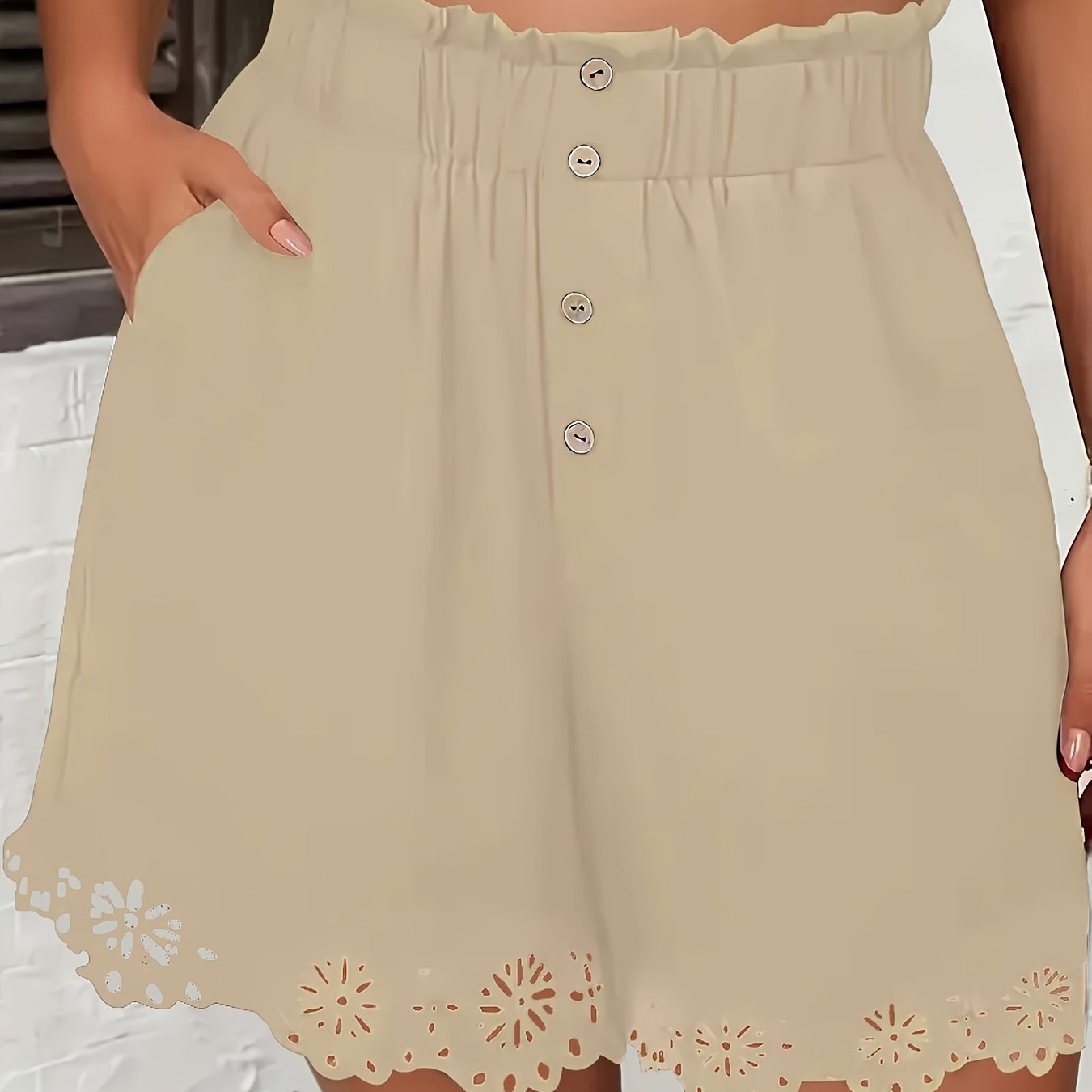 Women's High-Waist Pocket Shorts Polyester Floral Lace Breathable Casual