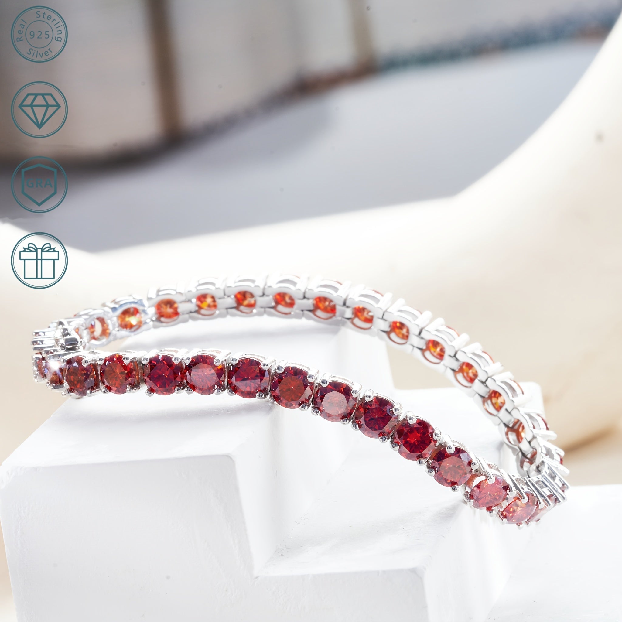Unisex Red Moissanite Tennis Bracelet 925 Sterling Silver Jewelry Gift for Valentine's Engagement Wedding