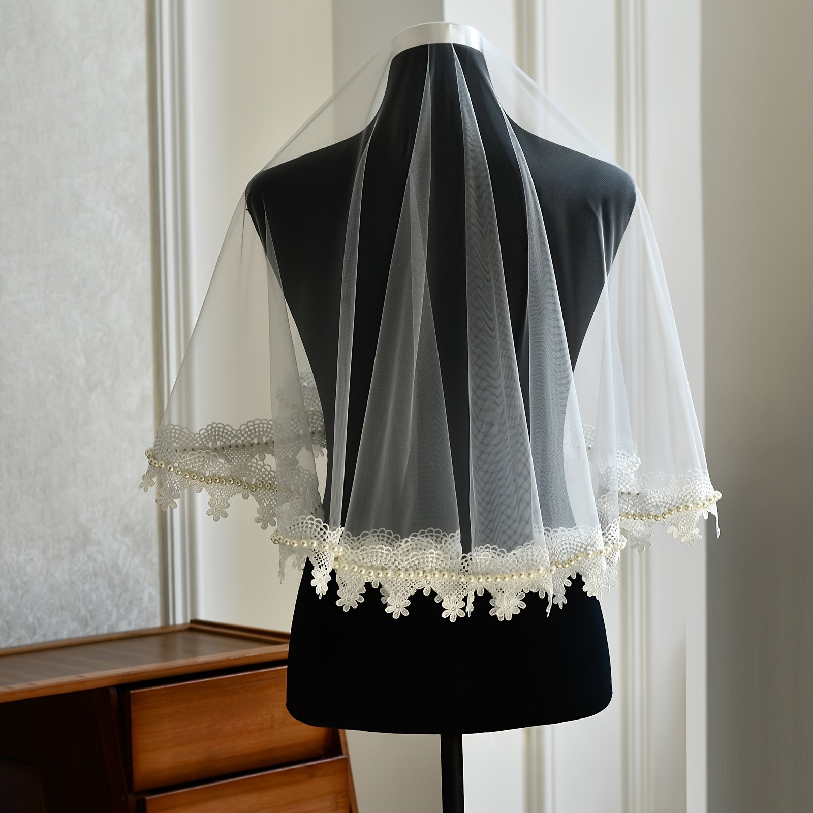 Bridal Lace Veil Wedding Dress Hair Accessories Single Layer Beaded Detail