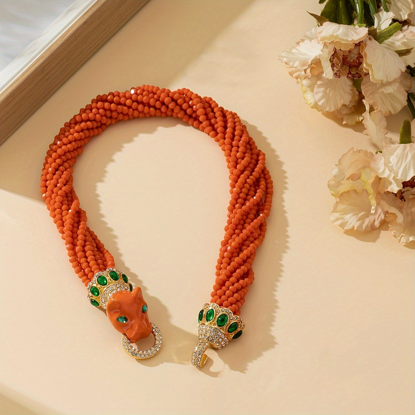 Leopard Print Necklace and Bracelet Set with Glass Beads and Enamel Chain for Women