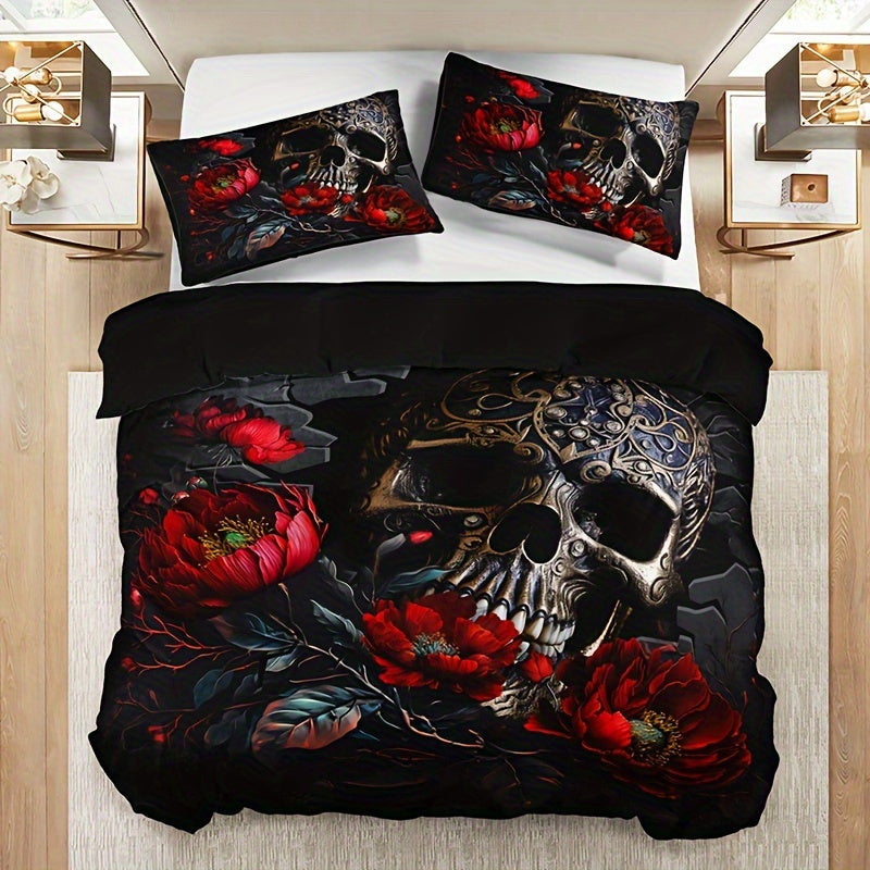 Gothic Skull Floral Duvet Cover Set 3 Pieces Breathable Bedding for Home and Dorm