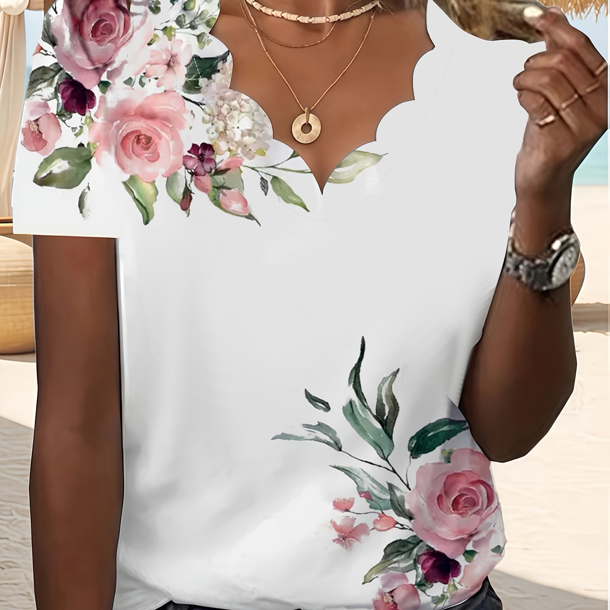 Camiseta de mujer con cuello en V y estampado floral para verano, manga corta, talla grande, poliéster