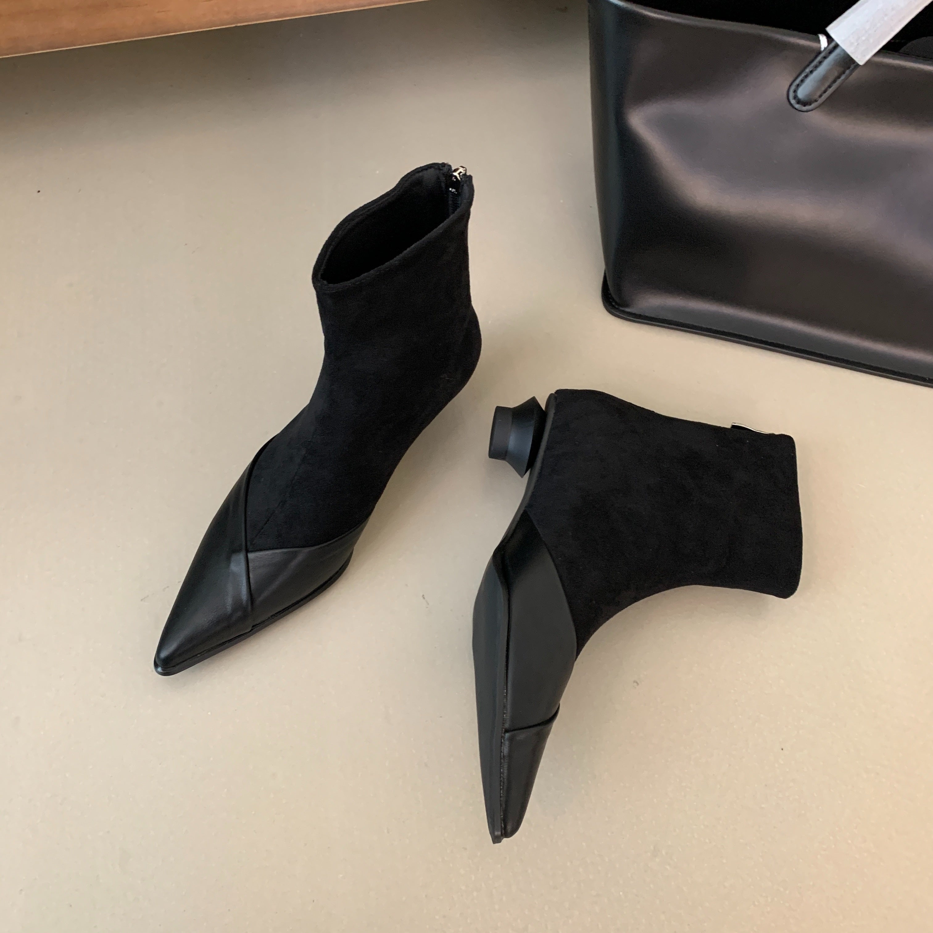 Women's Ankle Booties Flannel Patchwork Pointed Toe Low Heel Winter