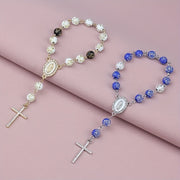 Car Rearview Mirror Beaded Rosary Cross Charm Faux Pearl Alloy Decoration