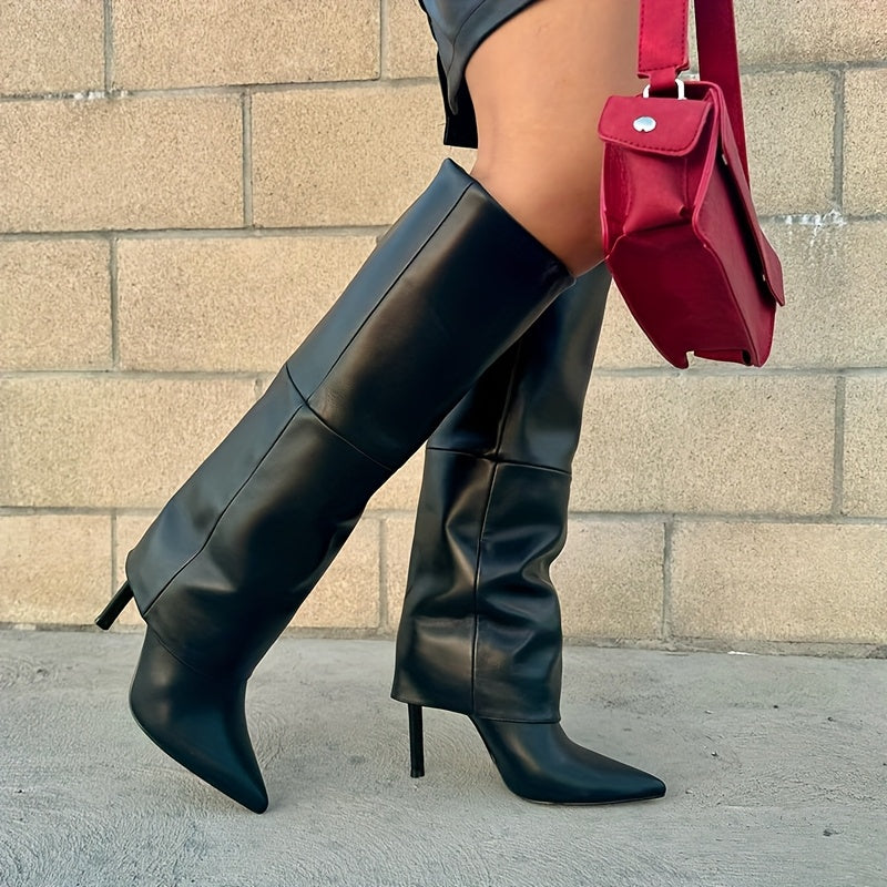 Women's Faux Leather Black Pointed Toe Knee-High Heel Boots for Dress & Casual