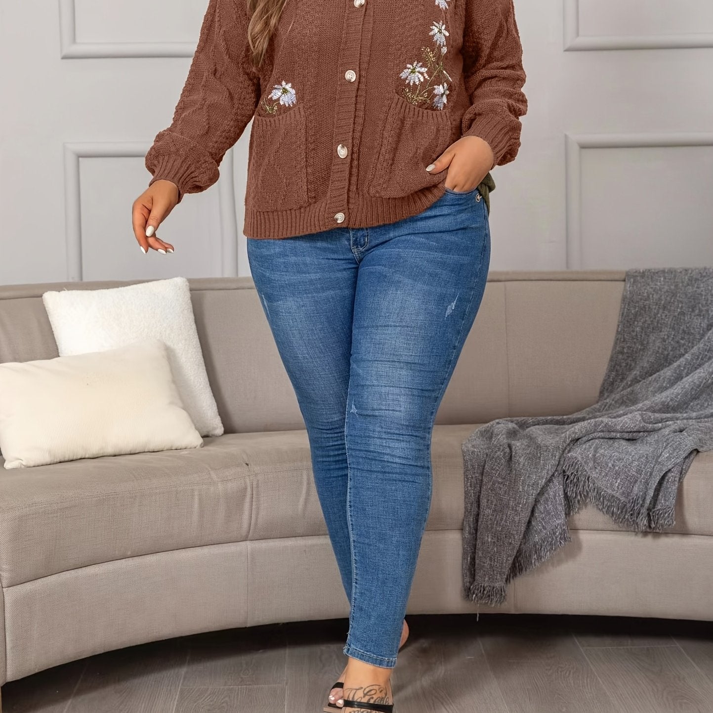 Plus o'lchamli gul naqshli trikotaj kardigan ayollar uchun uzun sleeve kuz qish oddiy