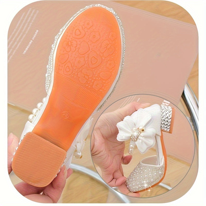Girls Glitter Rhinestone Princess Shoes with Pearl Bow Block Heel Non-Slip Sole for School Dance Wedding Party