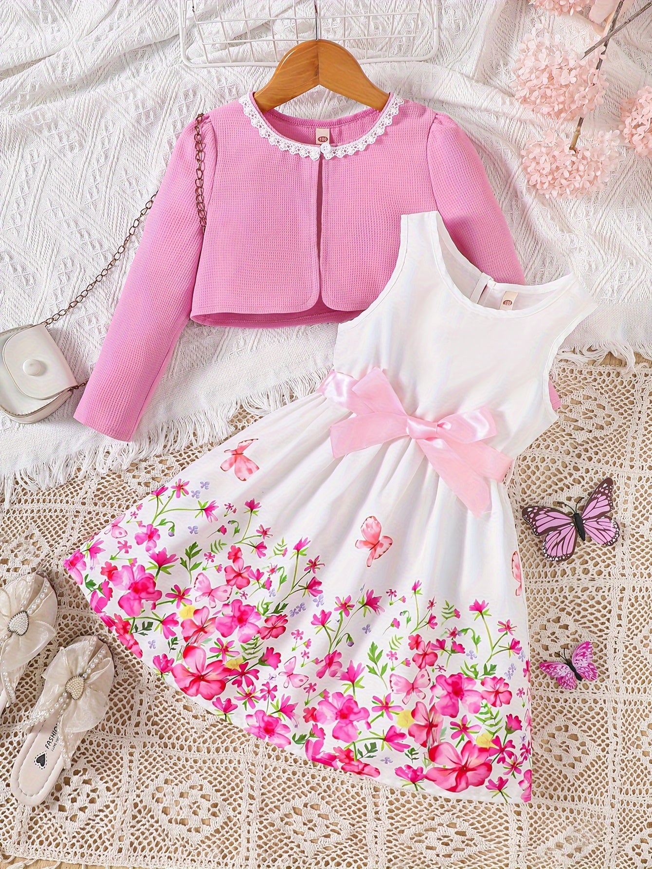 Girls Spring Floral 2-Piece Dress Set with Cardigan Polyester for Outdoor Wear
