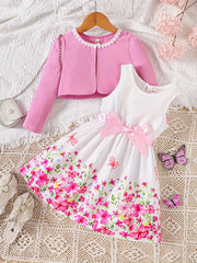 Girls Spring Floral 2-Piece Dress Set with Cardigan Polyester for Outdoor Wear