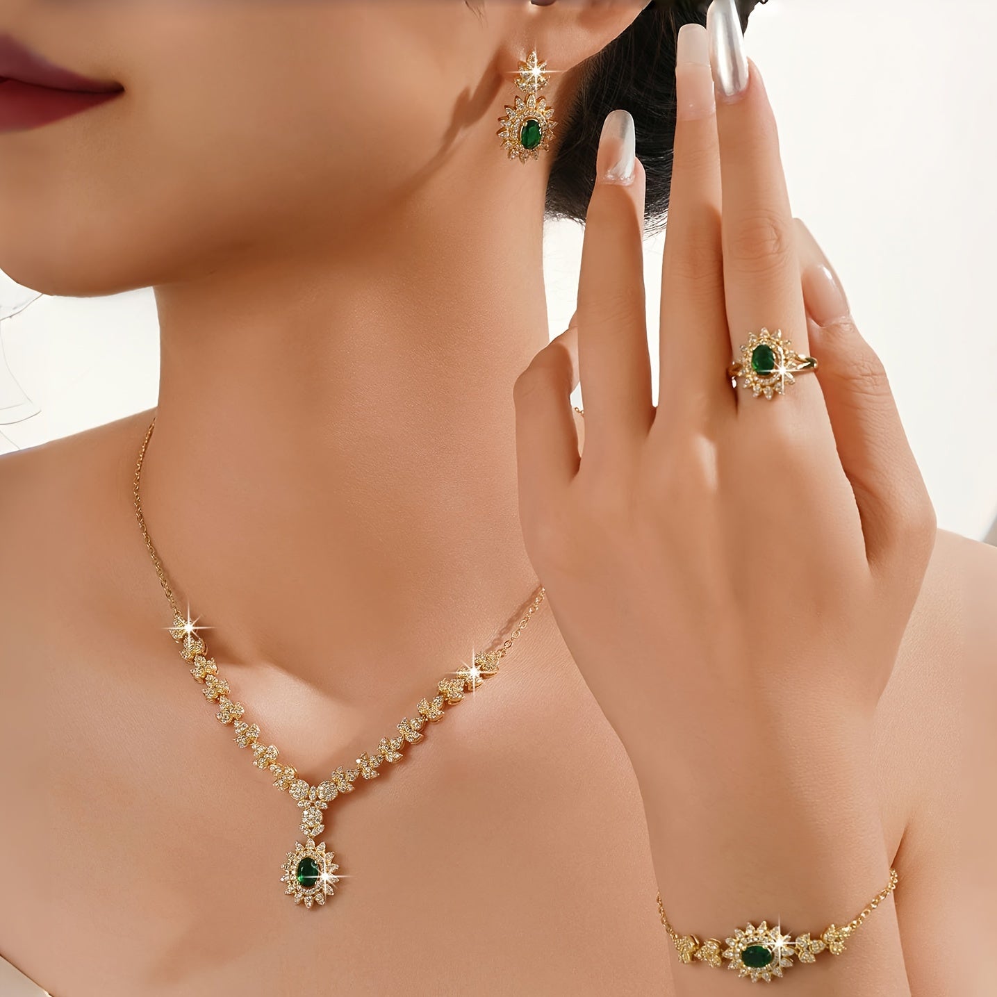 5-Piece Bridal Jewelry Set Necklace Earrings Bracelet Ring Cubic Zirconia Elegant Wedding Accessories