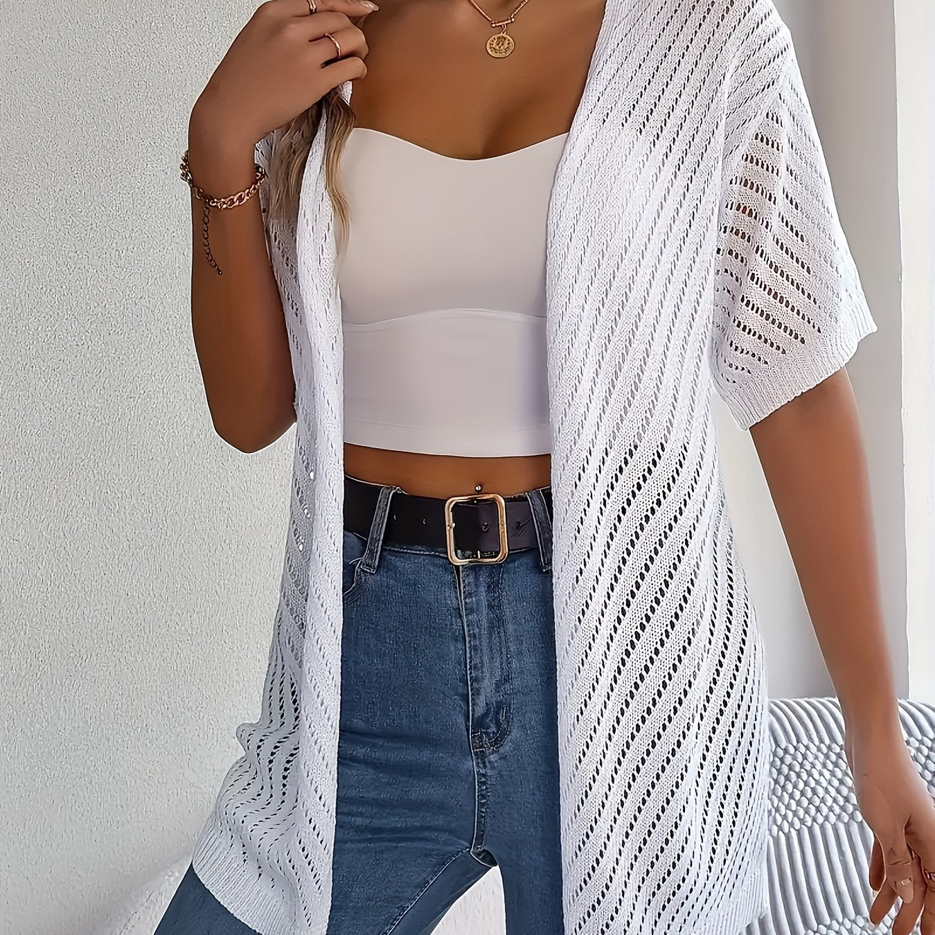 Cárdigan de punto para mujer de manga corta transpirable para verano, top elegante