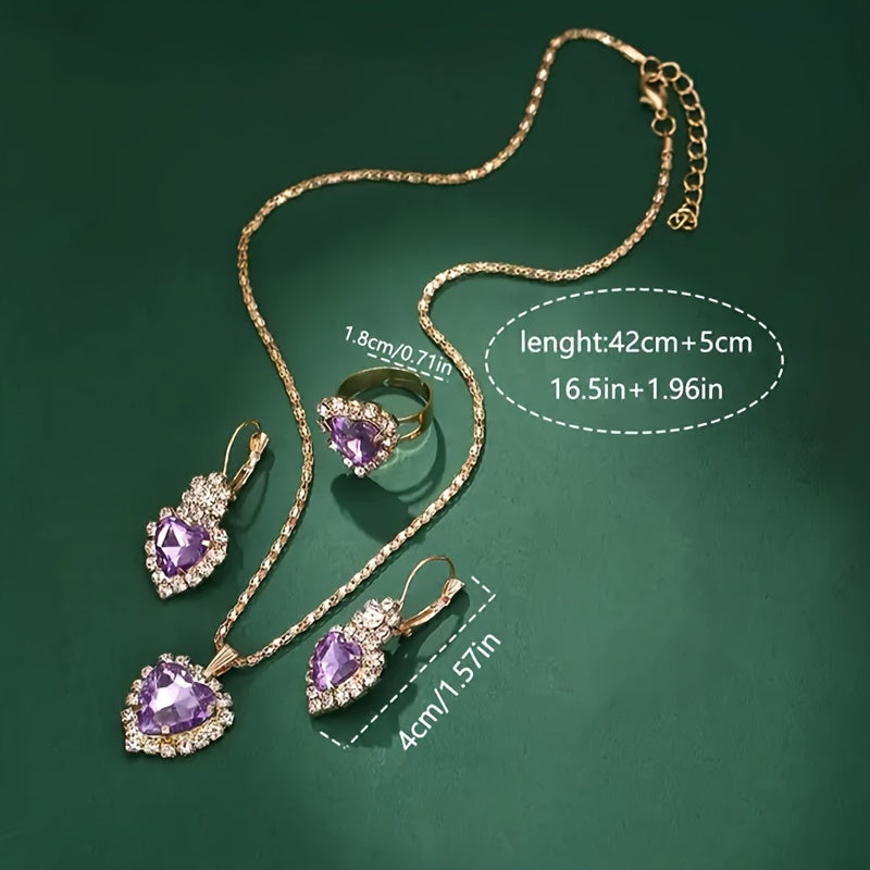 Women's Purple Quartz Watch and Heart Jewelry Set with Faux Leather Strap and Zinc Alloy Case