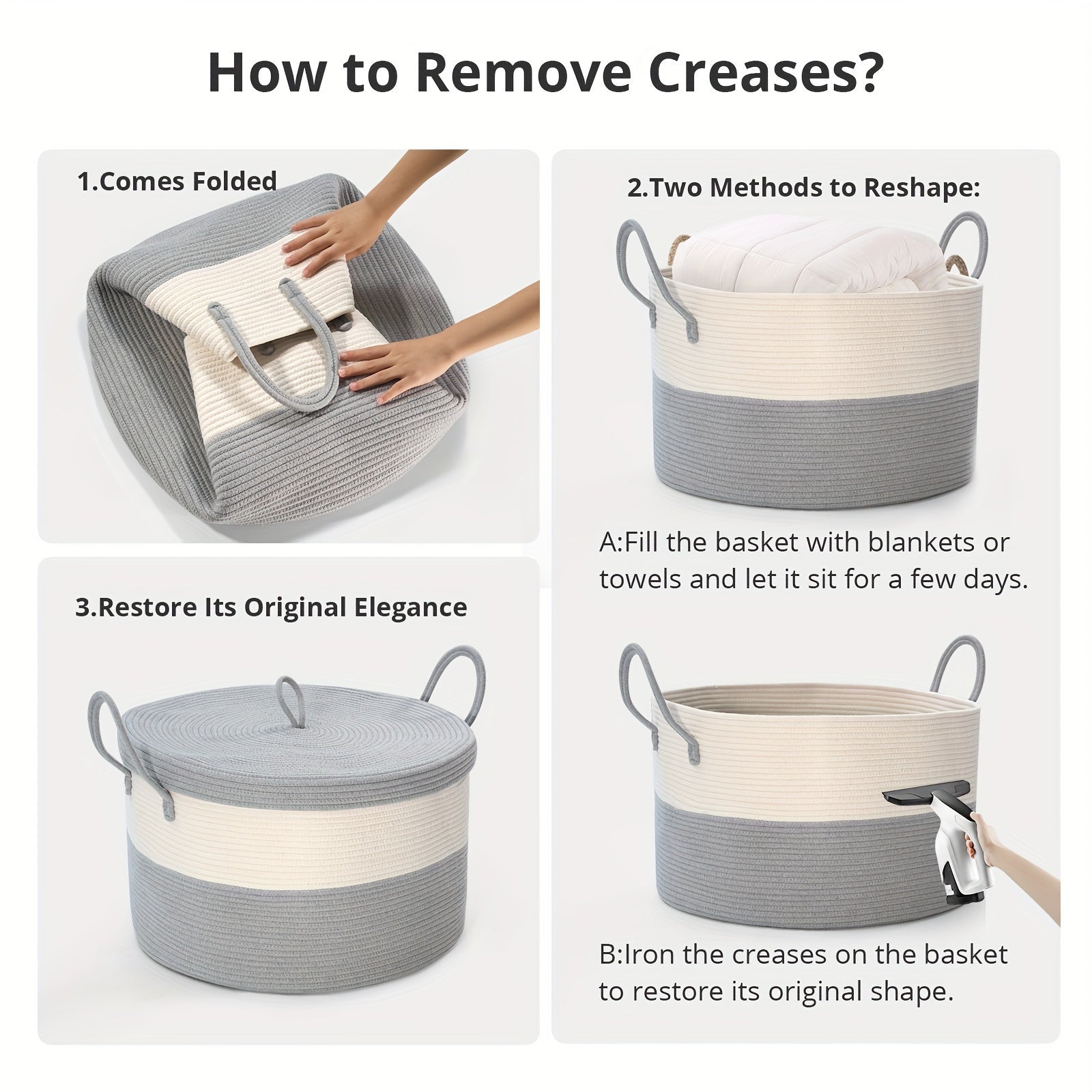 Large Rope Woven Storage Basket for Kids Toys Blankets Laundry Gray White 55cm