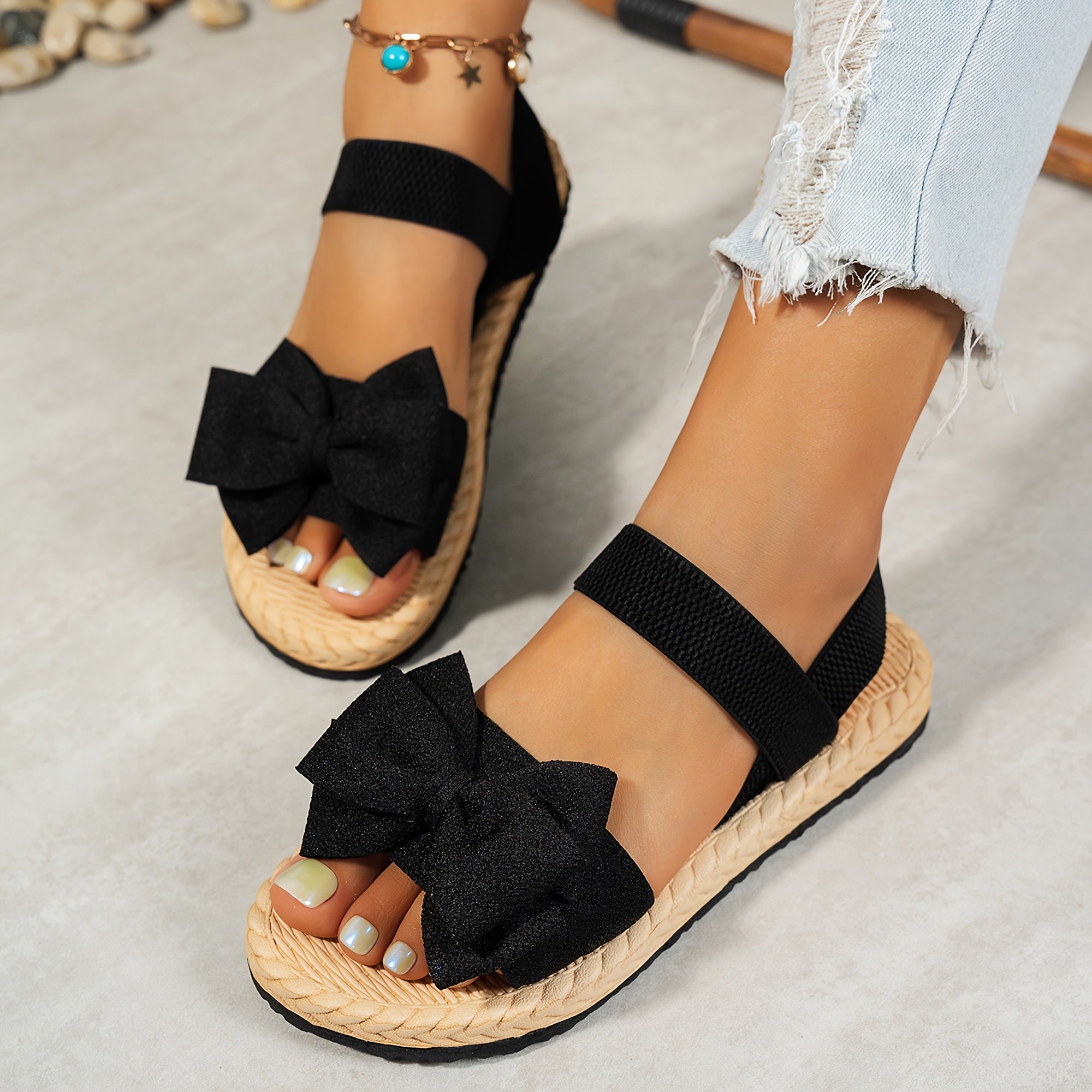 Women's Black Bow Slide Sandals, Rubber Sole, Comfortable Open-Toe