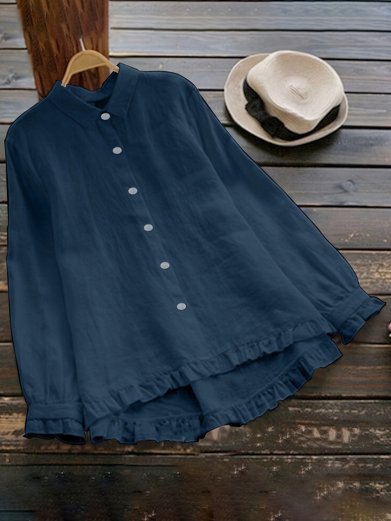 Loose-Fitting Cotton Shirt for Adults with Solid Color, Front Buttons, and Lace Trim