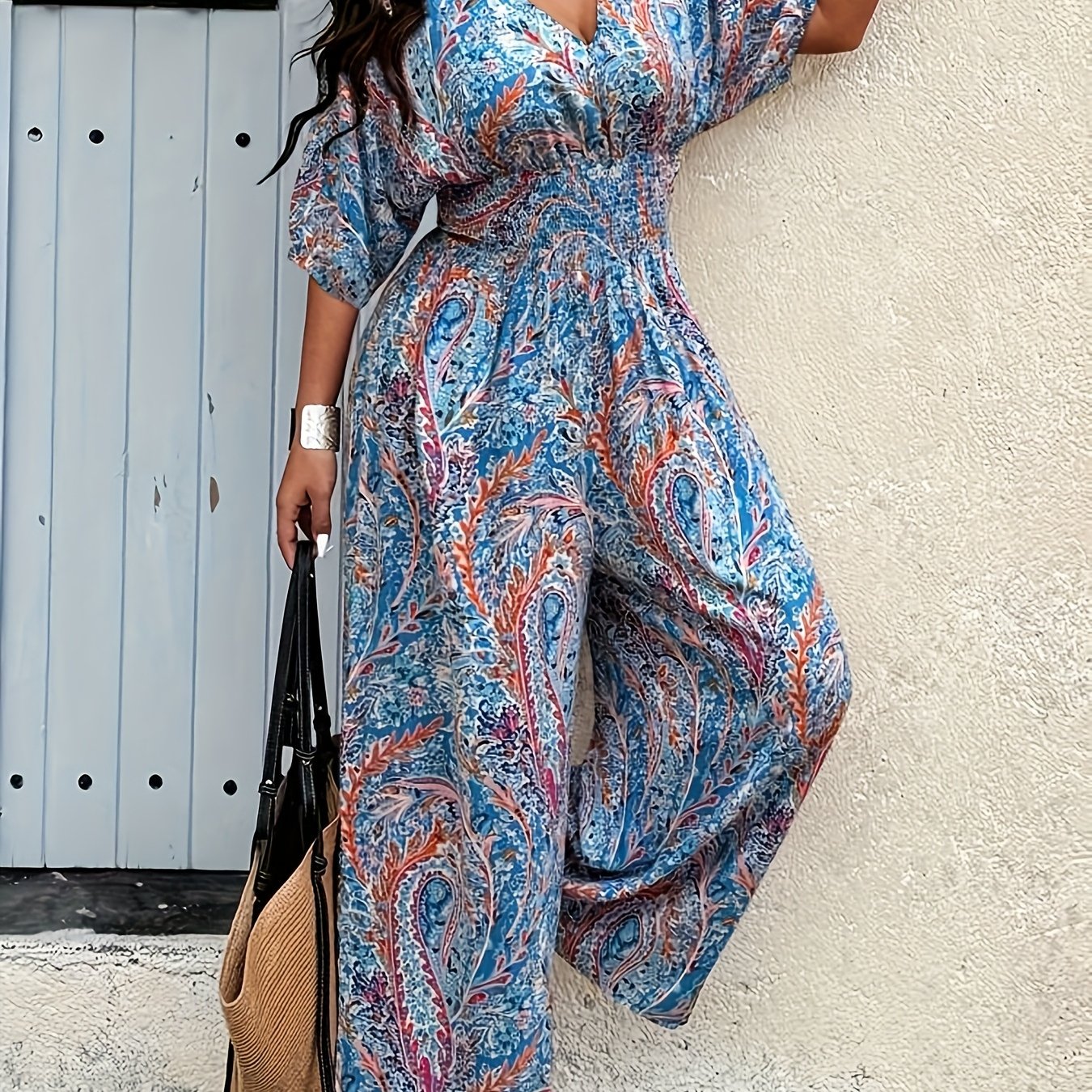 Plus Size Women's Bohemian Print Waist-Cinched Jumpsuit