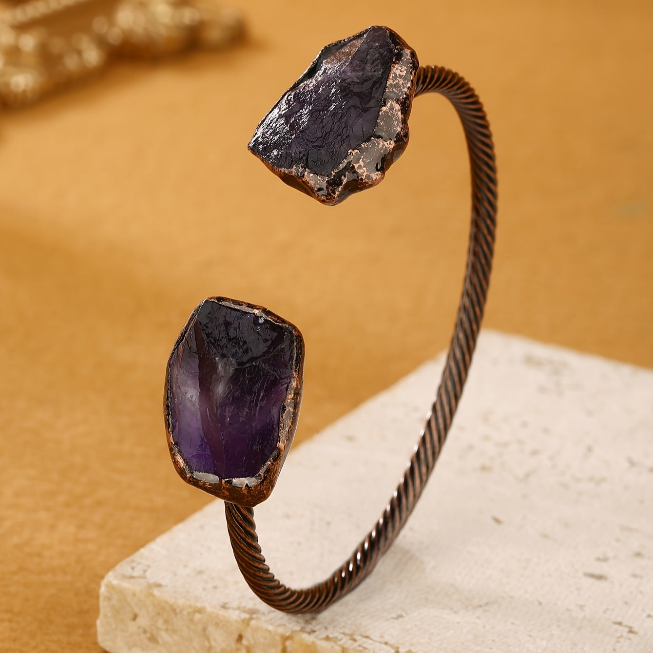 Vintage Bohemian Copper Bracelet with Amethyst Citrine and White Crystals for Women