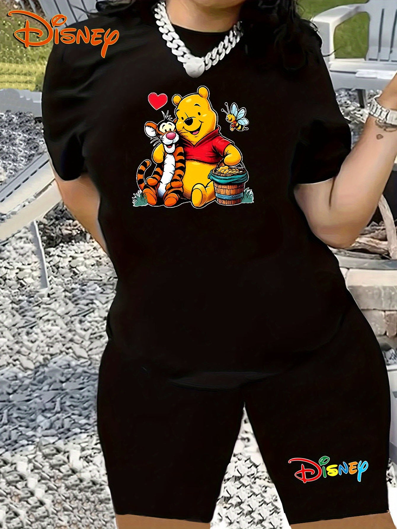 Women's Plus Size T-Shirt Set Short Sleeve Casual Cotton Disney Winnie the Pooh Tigger