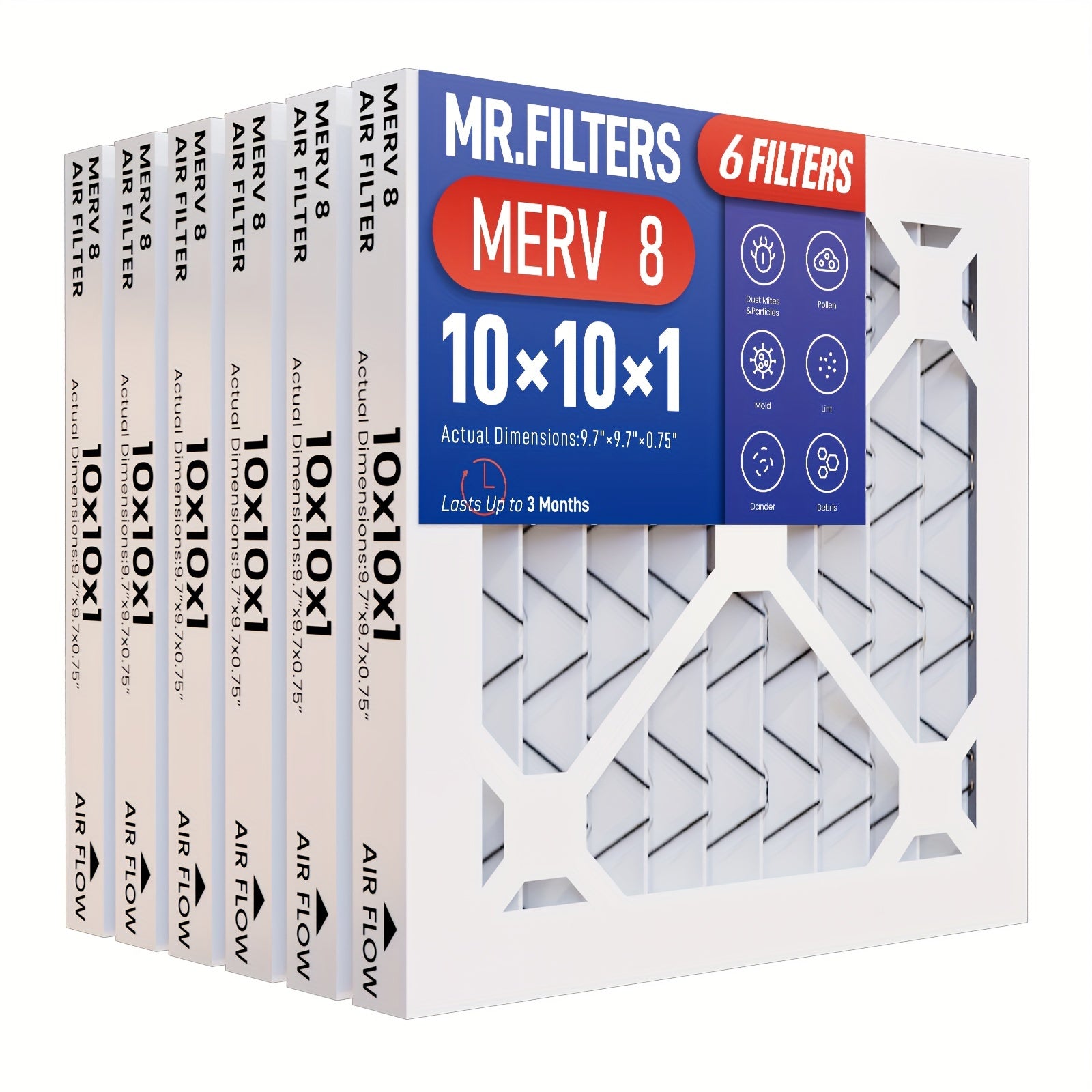 Pack of 6 10x10x1 MERV 8/11/13 Pleated AC Furnace Filters