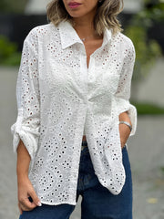 Oversized Hollow Fabric Vacation Shirt with Rolled Sleeves and Small Shoulder Drop