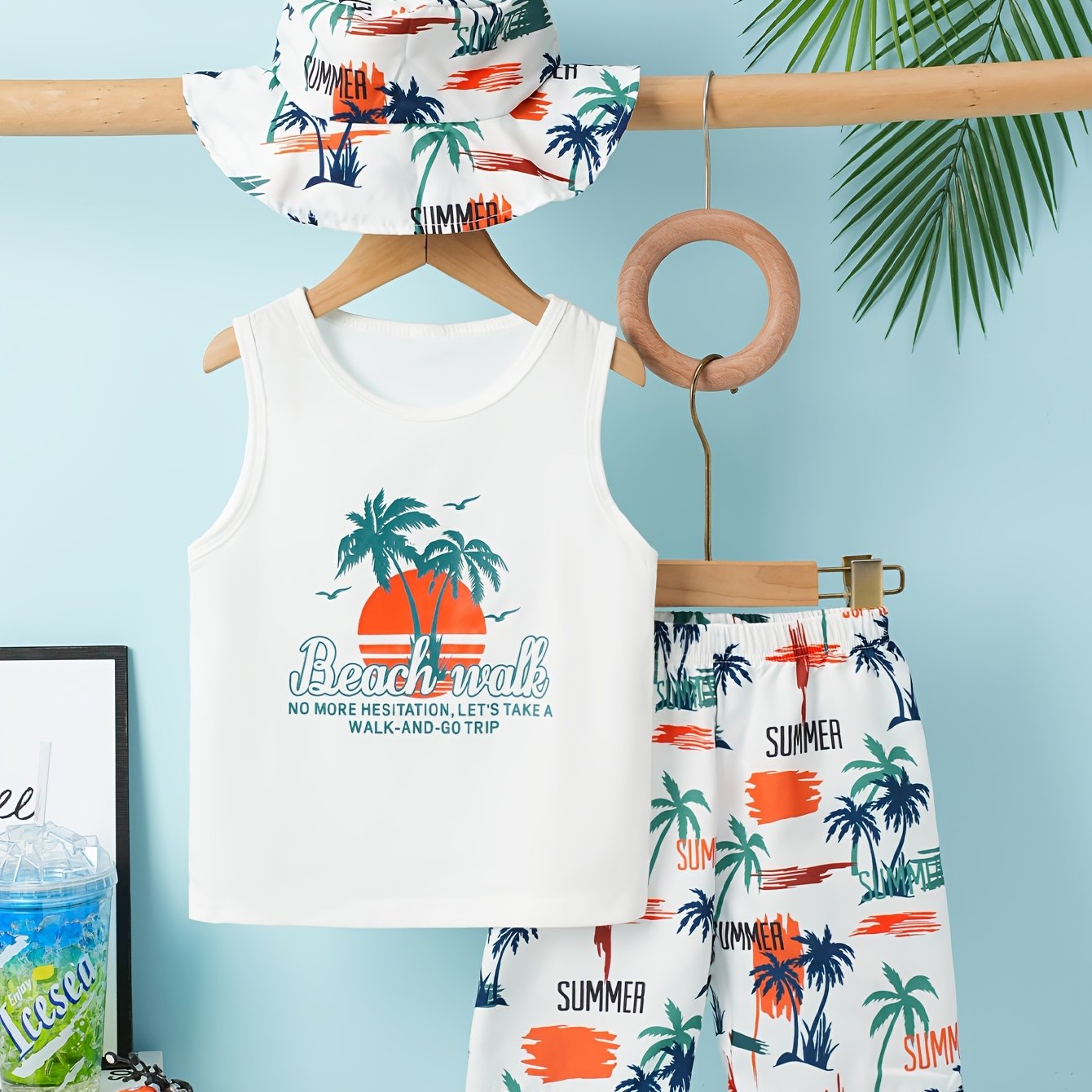 Boys' 3-Piece Tropical Leaf Print Tank Top and Shorts Set Breathable Knit Fabric